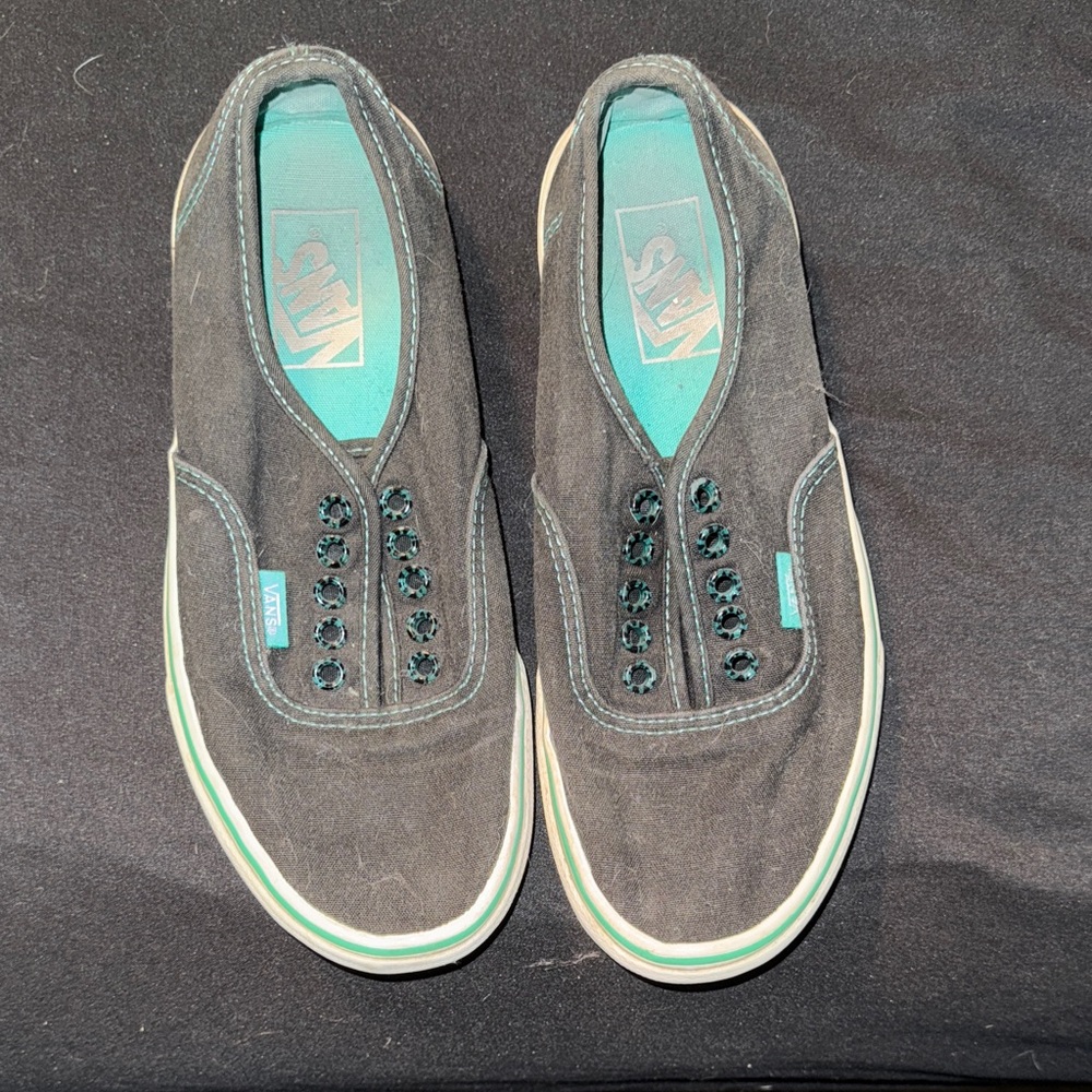 Vans Black and Teal Slip-On Sneakers